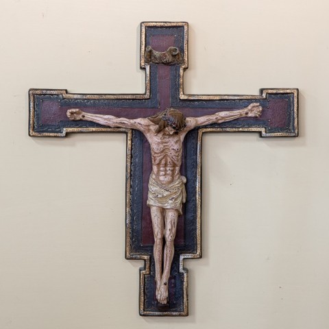 Large Patinated Colorful and Gold Byzantine Crucifix in Ceramic